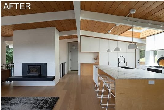 Interior living space after modern renovation with kitchen island