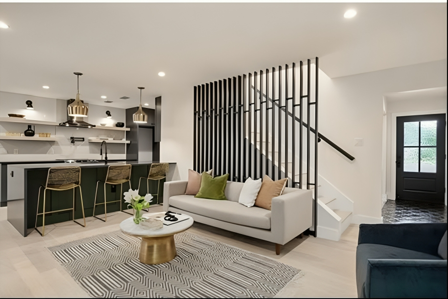 Modern open concept living room with designer furniture